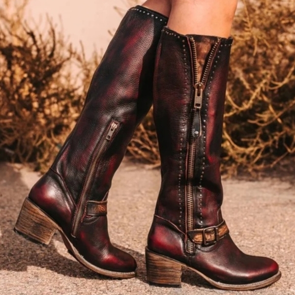 freebird Shoes - NEW Freebird Carson Leather Tall Boots Sz 11 Burgundy & Brown Wide Calf